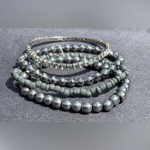 4 RIAH Fashion GREY- Shine, Clear Crystal, Stretch Layering Bracelets